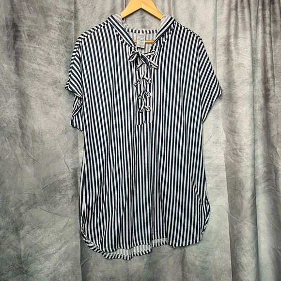 Time And Tru Denim Blue and White Striped Lace Front Hooded Swim Coverup - sz L - Picture 4 of 6